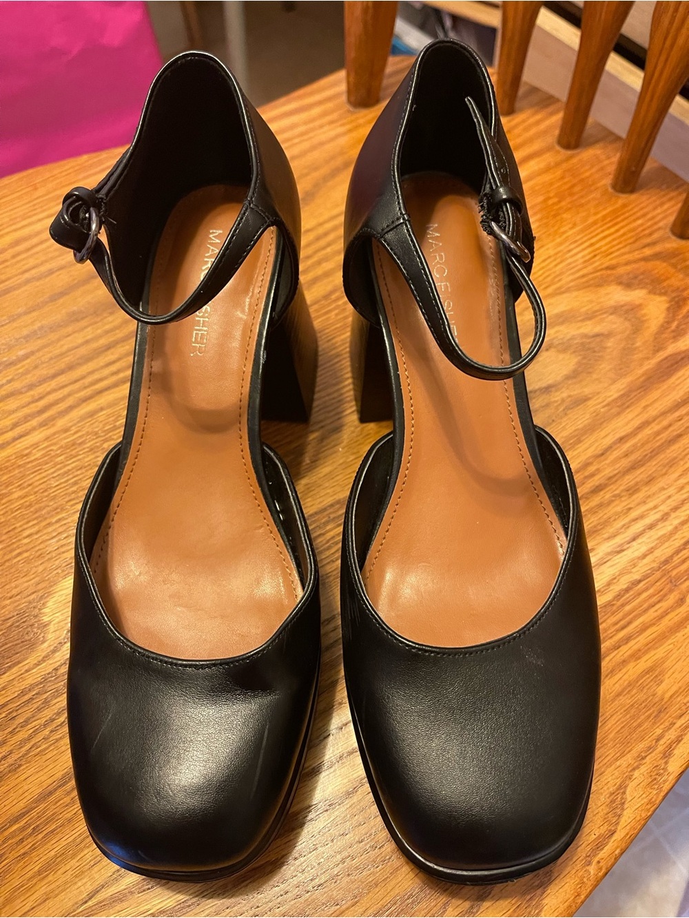 Marc Fisher Black Leather Ankle-Strap Block Heels